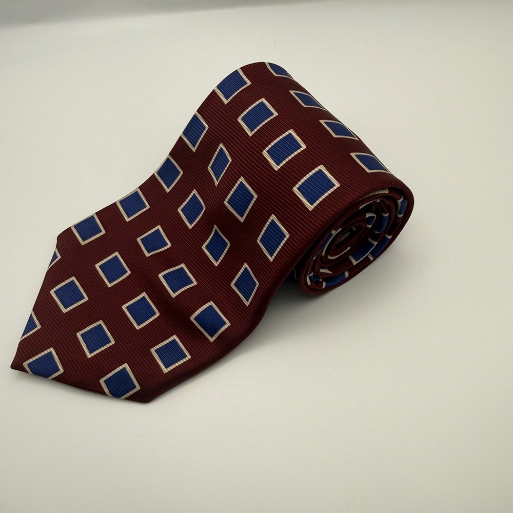 Robert Talbott Culwell & Son Mens Silk Tie Burgundy Blue Square Geometric-2462